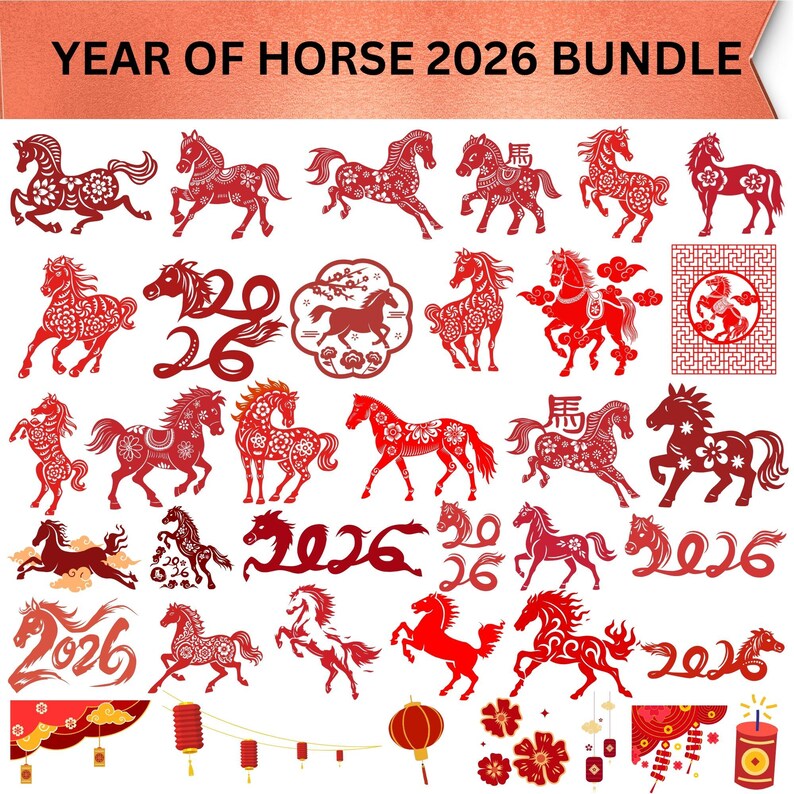 Year of the Horse 2026 Clipart Bundle, Happy New Year Graphics (digital ...