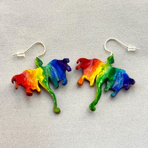 May include: A pair of dangle earrings featuring abstract, wing-like shapes painted in a vibrant rainbow gradient of red, orange, yellow, green, blue, and purple. Each earring is suspended from a silver-toned metal hook wire for attachment.