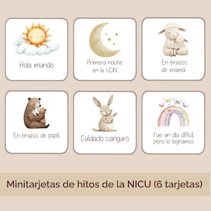Puede incluir: Juego de seis tarjetas de hitos con ilustraciones en acuarela. Cada tarjeta presenta una imagen diferente, incluyendo un sol, una luna, una oveja, un oso, un conejo y un arcoíris. Texto en español acompaña cada imagen.