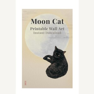 Silver Moon Cat Printable Wall Art – Japanese Cat Print – Japandi Decor – Minimalist Cat Poster – Digital Download – Cat Lover Gift