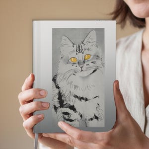 Monokrom kattkonstjournal inbunden anteckningsbok – minimalistisk bläckpresent till kattälskare, linjerad skrivjournal 5,75x8, elegant estetisk anteckningsbok