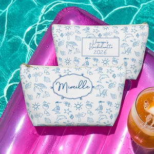 Nautical Blue Coastal Destination Wedding Accessory Pouch, Beach Line Art Bachelorette Makeup Gift Bags, Sea Theme Ocean Bridesmaid Carryall