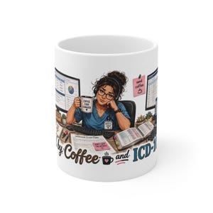 May include: A white ceramic mug featuring a graphic of a medical coder at a desk with computers, an insurance claim form, and a book. The text reads: "COFFEE CODE CONQUER", "send coffee", "DON'T SKIP THE DETAILS", "fueled by Coffee and ICD-10".