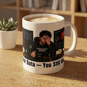 May include: A white ceramic mug featuring a graphic of a person in a black hoodie labeled Cybersecurity Analyst, sitting at a computer with data screens. The mug displays the text Caffeine > Chaos and Your Data - You Still Use.