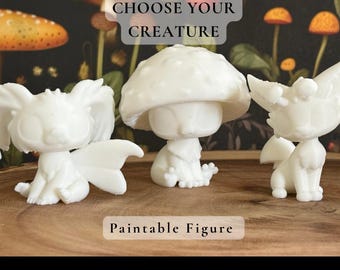 Fairy Creatures Unpainted | Mushroom Cat, Frog, Sloth-Moth Figurines | Leylina Figurines | 3D Printed
