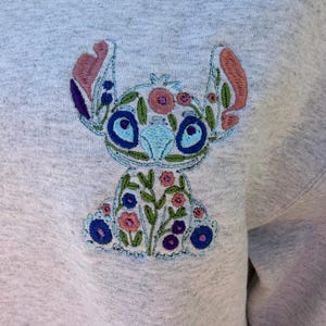 Stitch inspired left chest floral embroidered pullover sweatshirt lilo and stitch experiment 626 image 2
