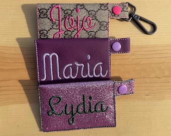 Personalized Embroidered Snap Card Wallets | Custom Name Faux Leather Keychain Holder Glitter