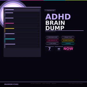 Op de afbeelding: Digitale ADHD Brain Dump planner in donkere modus. Het ontwerp heeft een donkere achtergrond met witte en gekleurde tekst. De planner bevat secties voor gratis brain dump, projectplan, ideeën parkeerplaats, zorgen loslaten en 2-minuten sprint. De planner is ongedateerd.