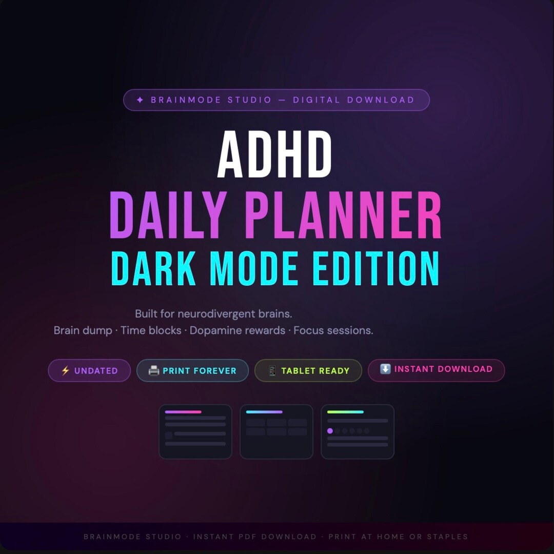 ADHD Daily Planner Printable | Dark Mode | Neurodivergent Planner ...