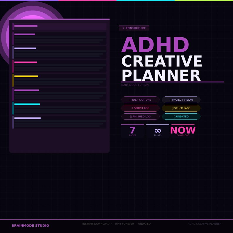 ADHD Creative Planner Printable | Dark Mode | Neurodivergent Artist ...
