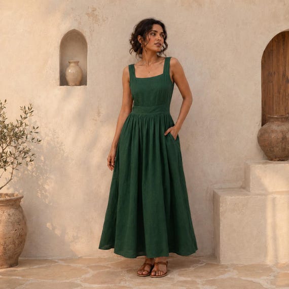 organic cotton formal dress Sleeveless Dress, Elegant A Line Dress, Flowy Summer for Women, Loose Boho Outfit, Custom Size, Relaxed Fit, Plus Size boho cocktail dress for wedding