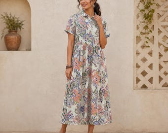 Cotton Shirt Midi Dress, Floral Cotton Shirt Dress, Flowy Summer Dress, Cotton A Line, Women Dresses, Relaxed Fit Summer Dress,Short Sleeves