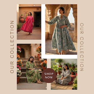 May include: A collage of four dresses featuring a pink and red striped dress, a sage green floral print dress, a green and white patterned dress, and a grey floral print dress, with the text OUR COLLECTION and SHOP NOW displayed.