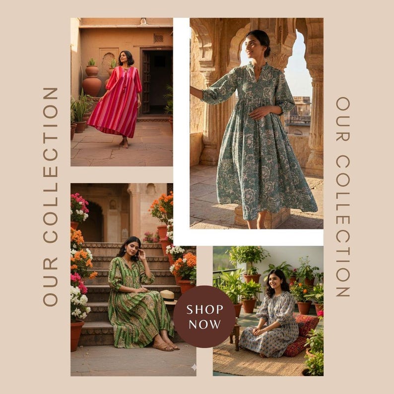 May include: A collage of four dresses featuring a pink and red striped dress, a sage green floral print dress, a green and white patterned dress, and a grey floral print dress, with the text OUR COLLECTION and SHOP NOW displayed.