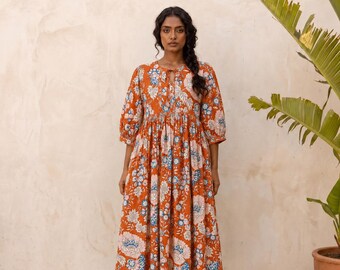 Cotton Block Print Dress, Summer Dress, Hand Block Print, Floral Dress, Cotton Dress, Women Dress