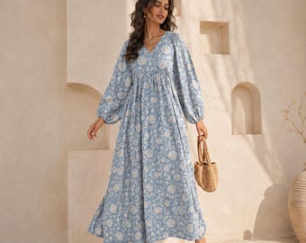 Block Print Cotton Midi Dress, Women Dresses, Boho Puff Sleeve Dress, Flowy Loose Fit Dress, V Neck Flowy Dress,  Summer Dress with Pockets