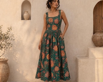 Block Print Cotton Midi Dress, Sleeveless Fit and Flare Dress, Boho Sundress for Women, Elegant A Line Dress, Flowy Summer Dress for Women