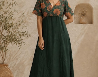 Boho Cotton Midi Dress, Wrap Style Summer Dress, Elegant Minimal Dress, Loose Fit A-Line Dress, Relaxed Fit Summer Dress,Short Sleeves Dress