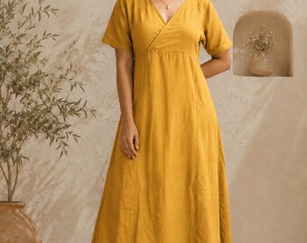 Boho Cotton Midi Dress, Wrap Style Summer Dress, Elegant Minimal Dress, Loose Fit A-Line Dress, Relaxed Fit Summer Dress,Short Sleeves Dress