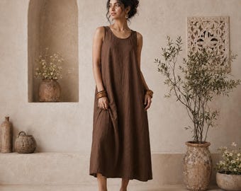 cotton tank dresses Minimal Cotton, Dress, Dresses, for Women, Sleeveless Bohemian, Midi Dress, Loose Fit, Lounge Dress, Relaxed, Summer Dress Color:As Photo (Wine Red) Dusty Blue Bridesmaid Dress cruisewear Sleeveless cotton Fabric weight