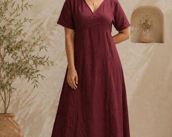 Boho Cotton Midi Dress, Wrap Style Summer Dress, Elegant Minimal Dress, Loose Fit A-Line Dress, Relaxed Fit Summer Dress,Short Sleeves Dress