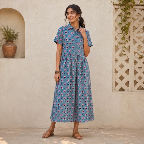 flowy summer dresses with short sleeves Buy Cotton Shirt Midi Dress, Floral Cotton Shirt Dress, Dress, Cotton A Line, Women Dresses, Relaxed Fit Summer Dress,short Online in India knee length flowy dress