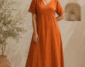 Boho Cotton Midi Dress, Wrap Style Summer Dress, Elegant Minimal Dress, Loose Fit A-Line Dress, Relaxed Fit Summer Dress,Short Sleeves Dress