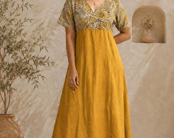 Boho Cotton Midi Dress, Wrap Style Summer Dress, Elegant Minimal Dress, Loose Fit A-Line Dress, Relaxed Fit Summer Dress,Short Sleeves Dress