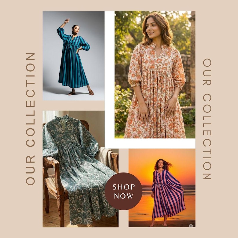 May include: A collage featuring four dresses: a teal and navy striped dress, a peach floral print dress with three-quarter sleeves, a sage green floral print dress, and a purple and navy striped dress. The text reads OUR COLLECTION and SHOP NOW.