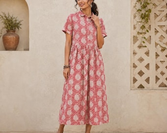 Cotton Shirt Midi Dress, Floral Cotton Shirt Dress, Flowy Summer Dress, Cotton A Line, Women Dresses, Relaxed Fit Summer Dress,Short Sleeves