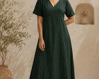 Boho Cotton Midi Dress, Wrap Style Summer Dress, Elegant Minimal Dress, Loose Fit A-Line Dress, Relaxed Fit Summer Dress,Short Sleeves Dress
