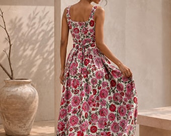 Block Print Cotton Midi Dress, Sleeveless Fit and Flare Dress, Boho Sundress for Women, Elegant A Line Dress, Flowy Summer Dress for Women