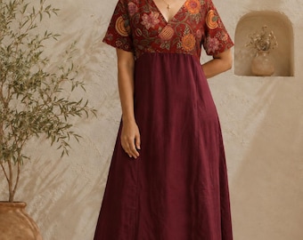 Boho Cotton Midi Dress, Wrap Style Summer Dress, Elegant Minimal Dress, Loose Fit A-Line Dress, Relaxed Fit Summer Dress,Short Sleeves Dress