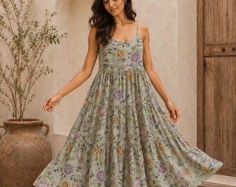 Cotton Sundress, Cotton Dress for Women, Block Print Dress, Resort Wear, Summer Outfit, Floral Print
