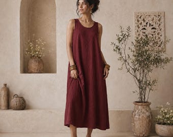 ladies sleeveless cotton dresses Midi Dress for Women, Organic Cotton Dress, Summer Midi Dress, Loose Boho Fit, Relaxed Fit, Plus Size, Cotton Dress summer dress