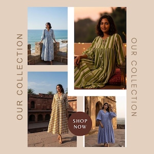 May include: A collection of four long dresses featuring various patterns and colors, including a light blue floral print, a green and white vertical stripe, a yellow and white floral print, and a blue and white pattern, with the text OUR COLLECTION SHOP NOW.