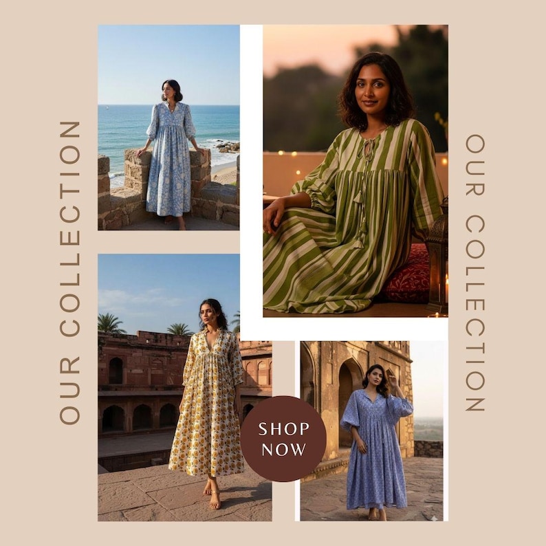 May include: A collection of four long dresses featuring various patterns and colors, including a light blue floral print, a green and white vertical stripe, a yellow and white floral print, and a blue and white pattern, with the text OUR COLLECTION SHOP NOW.