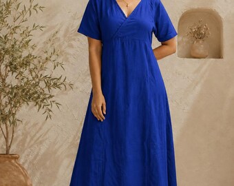 Cotton Wrap Midi Dress, Minimalist Boho Dress, Flowy A Line Dress for Women, Organic Cotton Dress, Relaxed Fit Summer Dress, Short Sleeves