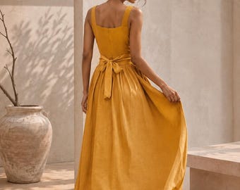 Organic Cotton Sleeveless Dress, Elegant A Line Dress, Flowy Summer Dress for Women, Loose Boho Outfit, Custom Size, Relaxed Fit, Plus Size