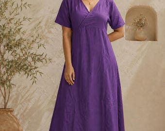 Boho Cotton Midi Dress, Wrap Style Summer Dress, Elegant Minimal Dress, Loose Fit A-Line Dress, Relaxed Fit Summer Dress,Short Sleeves Dress