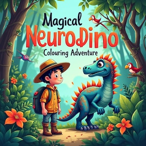 Op de afbeelding: Kleurrijke illustratie die een "Magical NeuroDino Colouring Adventure" promoot. Het toont een jongen met een rugzak en een vriendelijke blauwe dinosaurus met oranje stekels. De scène speelt zich af in een weelderig bos met kleurrijke bloemen en vogels.