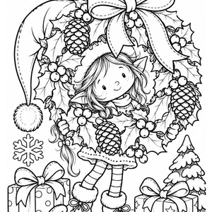 May include: A black and white coloring page illustration featuring a cheerful elf with pointed ears wearing a hat and striped stockings, holding a large holiday wreath with pinecones and holly berries, flanked by two wrapped gift boxes.