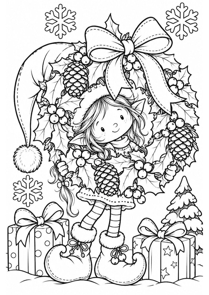 May include: A black and white coloring page illustration featuring a cheerful elf with pointed ears wearing a hat and striped stockings, holding a large holiday wreath with pinecones and holly berries, flanked by two wrapped gift boxes.