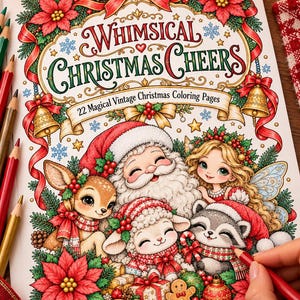 May include: A coloring book titled Whimsical Christmas Cheers with the subtitle 22 Magical Vintage Christmas Coloring Pages. The cover features a Santa Claus, a deer, a lamb, a raccoon, and a fairy surrounded by poinsettias and bells.