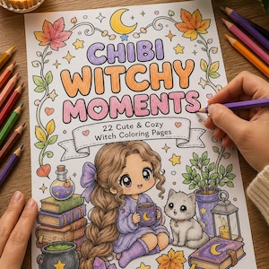 Peut inclure: Un livre de coloriage intitulé CHIBI WITCHY MOMENTS 22 Cute & Cozy Witch Coloring Pages avec une illustration colorée d'un personnage aux longs cheveux bruns, un chat, des livres, un chaudron et une lanterne, entourés de feuilles d'automne.