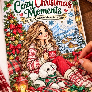 May include: A coloring book titled Cozy Christmas Moments with 22 Cozy Christmas Moments to Color. The cover illustration features a long-haired character in a patterned sweater holding a mug, a small white dog, a Christmas tree, and gifts.