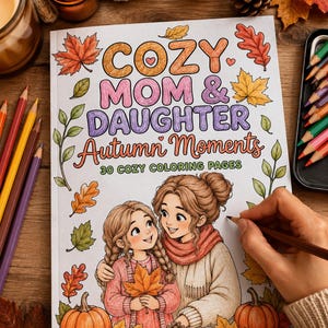May include: A colouring book titled COZY MOM & DAUGHTER Autumn Moments 30 COZY COLOURING PAGES featuring an illustration of a mother and daughter surrounded by autumn leaves, pumpkins, and acorns, with coloured pencils visible on the side.