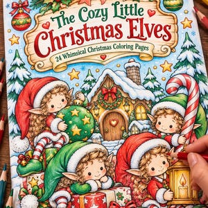 May include: A coloring book titled The Cozy Little Christmas Elves with 24 Whimsical Christmas Coloring Pages. The cover features four elves in red and green outfits, a snow-covered cottage, candy canes, and ornaments in a festive scene.