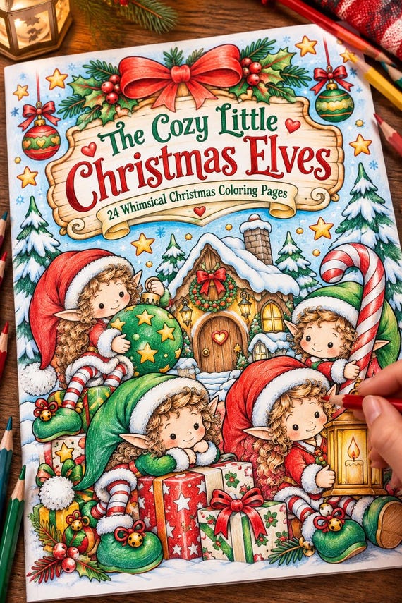 Christmas Elves Coloring Book, 22 Cozy Christmas Coloring Pages, Printable A4 PDF, Colored References, Instant Download