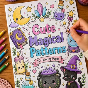 Peut inclure: Un livre de coloriage intitulé Cute Magical Patterns avec 20 Coloring Pages, illustré d'un croissant de lune, de cristaux, de fioles de potion, d'un grimoire, d'une bougie, d'un chaudron et d'un chat noir portant un chapeau de sorcière violet.